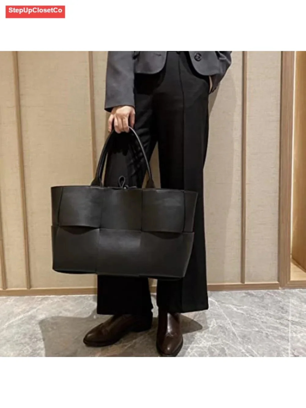 Faux Leather Woven Satchel Tote Work Bag with Matching Clutch